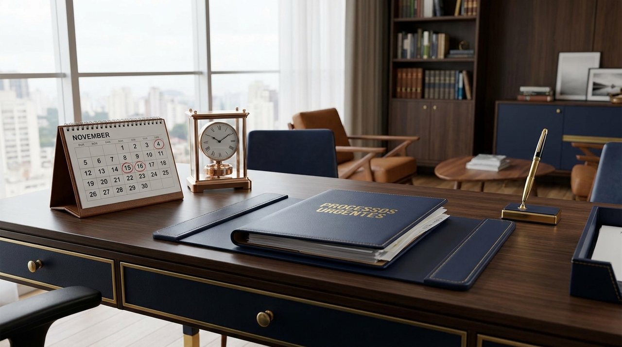 Mesa de escritório com calendário e documentos representando os prazos do PAD